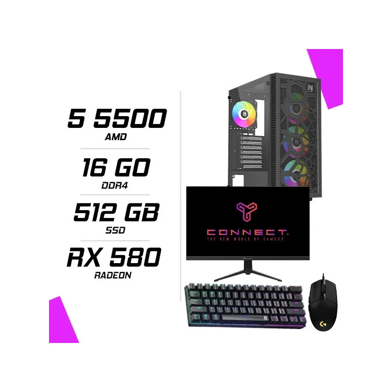 PC Gamer AMD Ryzen 5 5500 RX 580 8GB + CONNECT 23.8″ 180Hz + Logitech G102 + NOVA MÉCANIQUE 61 PC Gamer AMD Ryzen 5 5500 RX 580 8GB + CONNECT 23.8″ 180Hz + Logitech G102 + NOVA MÉCANIQUE 61