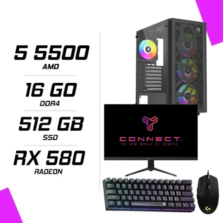 PC Gamer AMD Ryzen 5 5500 RX 580 8GB + CONNECT 23.8″ 180Hz + Logitech G102 + NOVA MÉCANIQUE 61