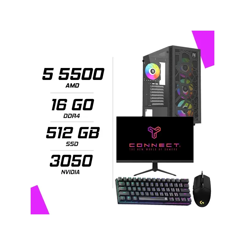PC Gamer AMD Ryzen 5 5500 RTX 3050 6GB + CONNECT 23.8″ 180Hz + Logitech G102 + NOVA MÉCANIQUE 61 PC Gamer AMD Ryzen 5 5500 RTX 3050 6GB + CONNECT 23.8″ 180Hz + Logitech G102 + NOVA MÉCANIQUE 61